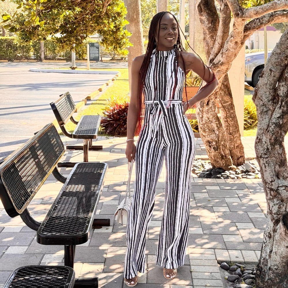 Black & White Striped Belted Jumpsuit